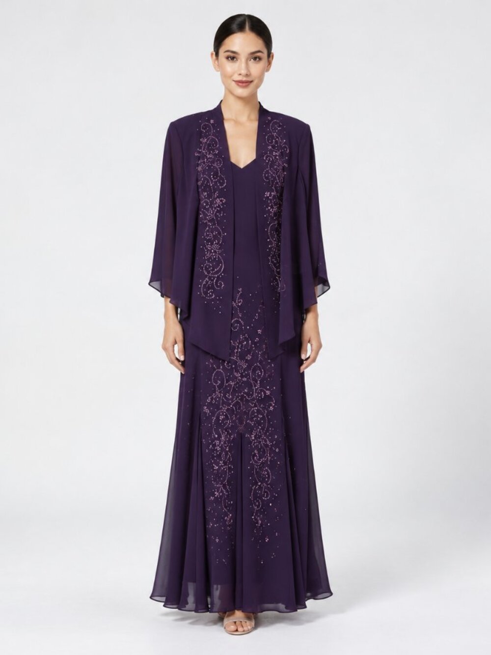 R & M Richards Woman Long Beaded Purple Dress Sheer Jacket Set 14W